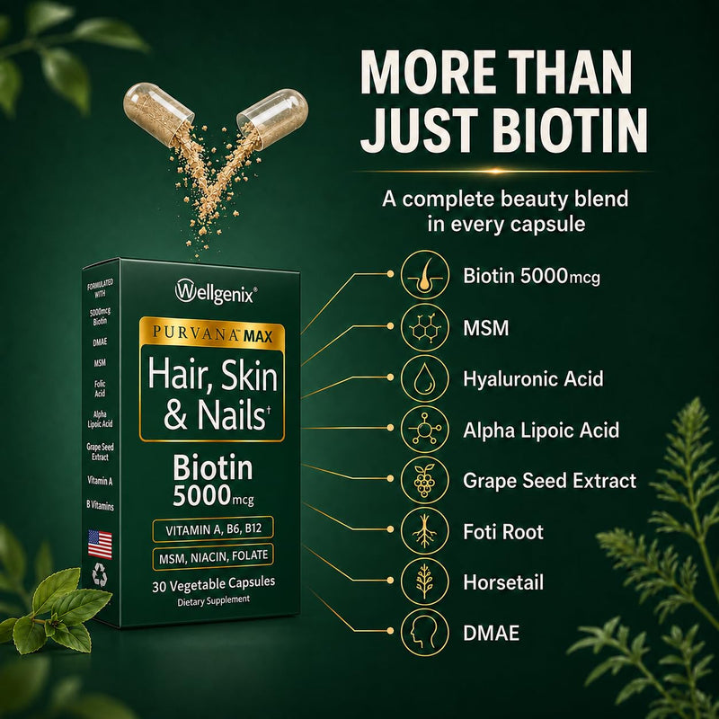 Wellgenix Purvana MAX Hair Skin & Nails Vitamins, Biotin 5000, 60 Ct 2-Pack | Biotin, MSM & hyaluronic acid in vegetable capsules for thicker, fuller hair, stronger nails & a clearer, radiant complexion 30 Count (Pack of 2)