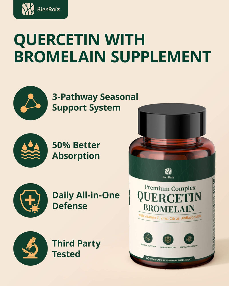 Quercetin 600mg with Bromelain, Immune Support, 60 Capsules | Vitamin C & Zinc, 7-in-1 Blend, Respiratory & Seasonal Wellness, Antioxidant, Non-GMO, Gluten Free, Vegan, 30-Day Supply
