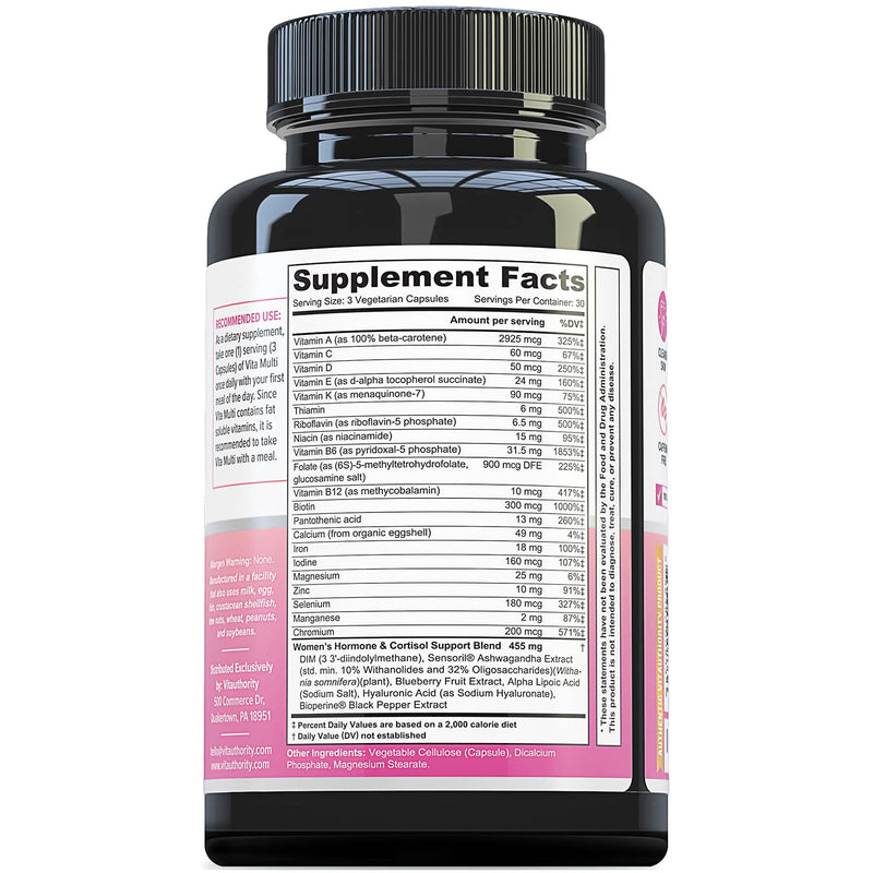 Vitauthority Multivitamin for Women Women’s Daily Multi-Vitamin Supplement with DIM, Iodine, Ashwagandha Supports Youthful Complexion, Healthy Cortisol and Estrogen Balance 30 Day Supply