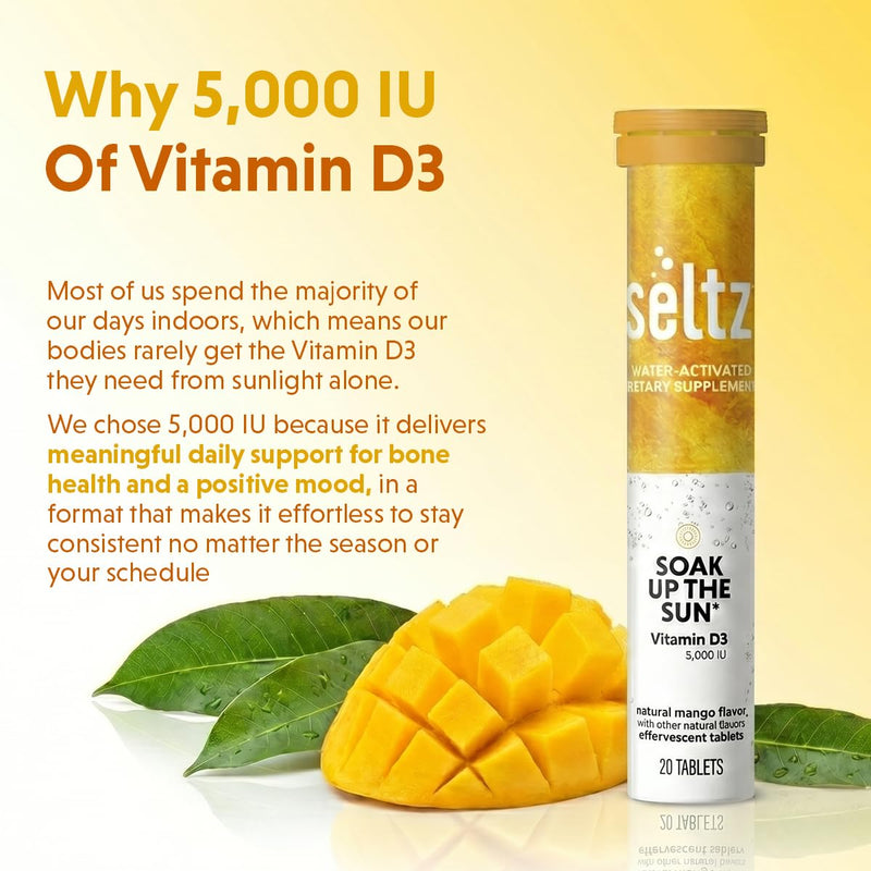 Seltz Vitamin D3 Drink Tablets, Effervescent 5000 IU with Immune Support | Immune Support, Uplifting Support, No Sugar Added, Drop Fizz and Drink, Supports Hydration, 120 Tablets 6 Pack, 5000 IU 120 Tablets (Pack of 6)