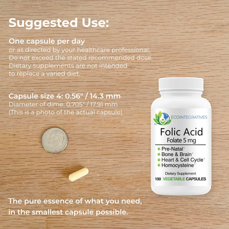 Folic Acid Folate 5mg Supplement - 100 Vegetable Capsules | Prenatal, Reproductive Health*, Homocysteine, Metabolism, Cardiovascular, Cognitive and Bone Health*, Allergen Free, Non GMO