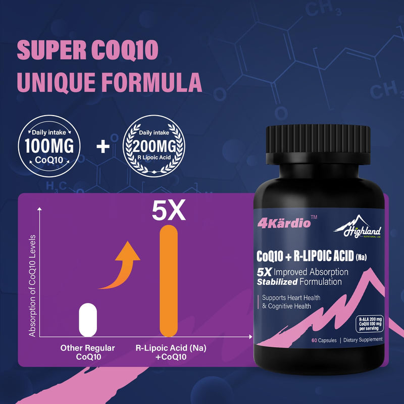 CoQ10 100mg + R-Lipoic Acid 200mg per Serving, 3 Month Supply, Up to 5X Improved Absorption, R-Lipoic Acid/CoQ10 Supplement for Heart Health and Cognitive Health-180 Capsules
