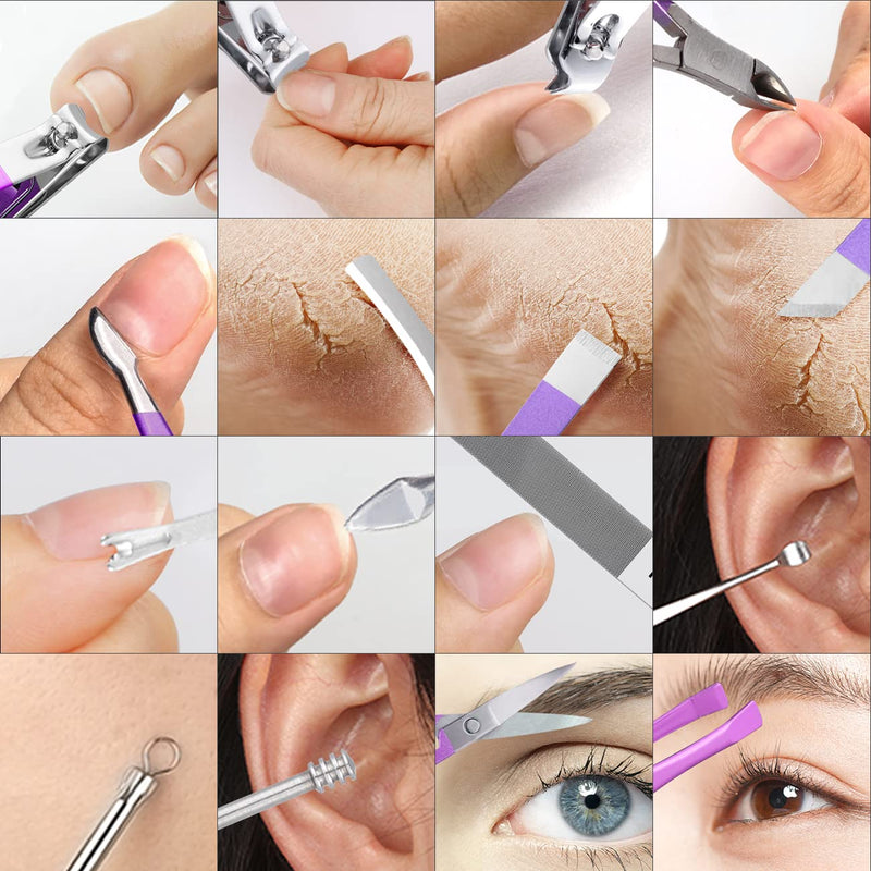 Manicure Set Professional Nail Clippers Pedicure Kit, 16 pcs Stainless Steel Nail Care Tools Grooming Kit with Luxurious Travel Leather Case for Thick Nails Men Women Gift Violet