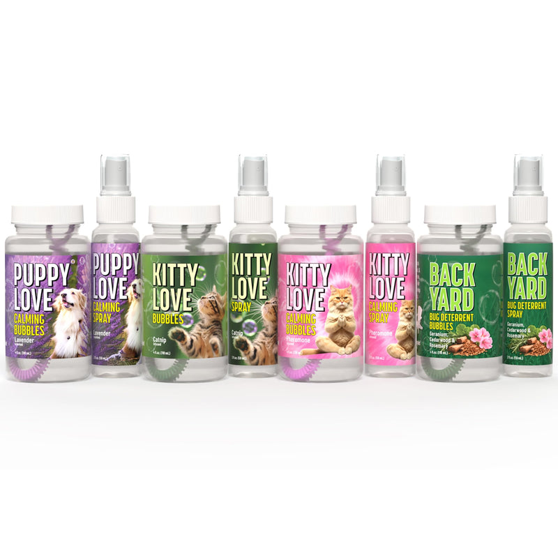 Atomic Bubbles: Kitty Love Play & Spray Duo - Calming Pheromone - 4oz Scented Bubble Bottle, 2oz Spray - Relieve Cat Anxiety, Sensory Set, in-Outdoor