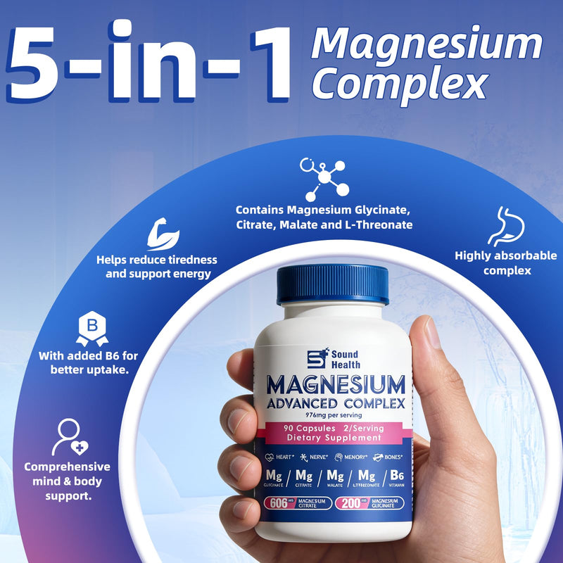 5 in 1 Magnesium Complex Capsule 976mg wtih Magnesium Glycinate, Citrate, Malate & Vitamin B6, High Absorption Magnesium Complex for Women & Men, Third-Party Tested, Vegan, Non-GMO 90 Count（Pcak of 1）