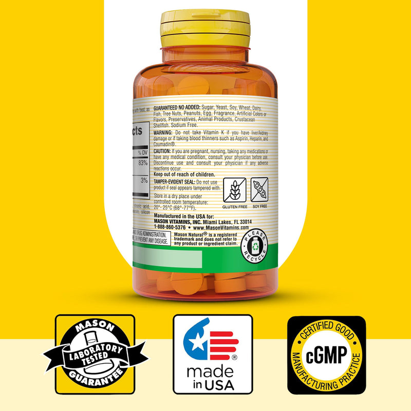 MASON NATURAL Vitamin K2 100 mcg with Calcium, 300 Day Supply | 100 mcg K2 with 40 mg Calcium to support bone health, muscle function & proper calcium metabolism; 300 tablets