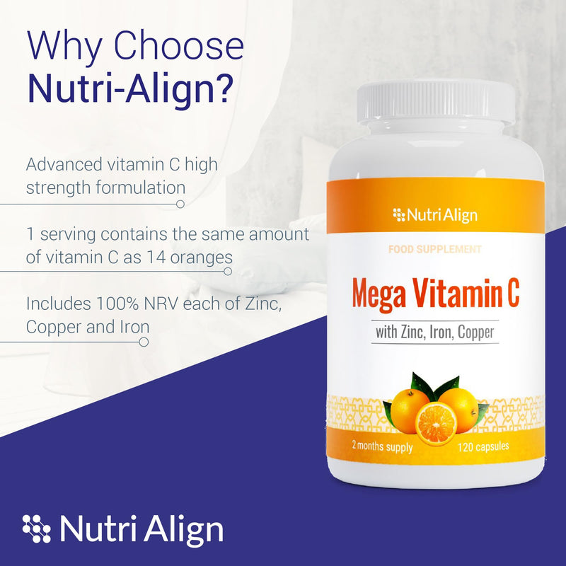 Nutri-Align Mega Vitamin C 1000mg | 120 Capsules with Zinc & Iron | Vitamin C Capsules 1000mg VIT C per Serving - Zinc, Iron & Copper Supplement | Gluten & Sugar Free | Made in the UK 120 Count (Pack of 1)