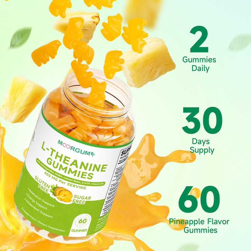 L-Theanine Gummies, 400mg l'theanine Chewable Supplement with Ashwagandha, GABA, Lemon Balm, 5-HTP, Vitamin B6, Support Zzz, Relax & Emotion, Vegan, Non-GMO, Sugar Free, Pineapple Flavor, 120 Count