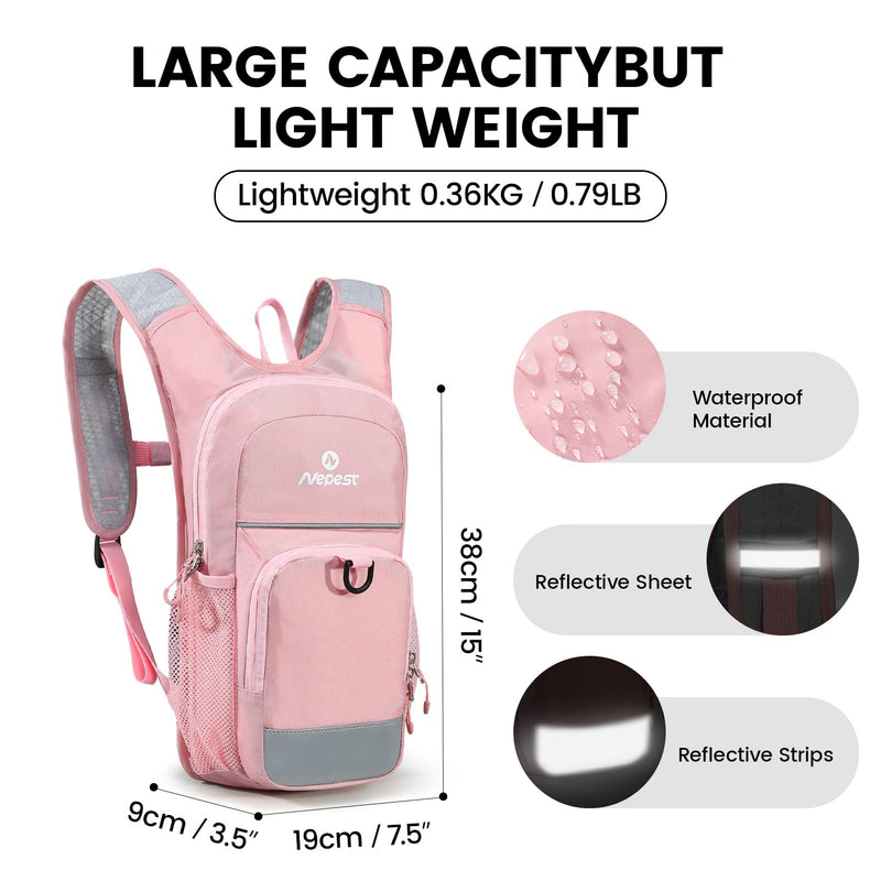 Nepest Kids Hydration Backpack, Mini Water Backpack with 1.5L Water Bladder for Hiking Cycling Running Pink