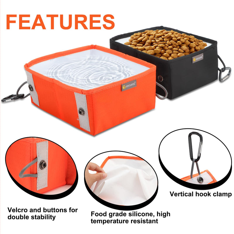 Texsens Collapsible Dog Bowls 2 Pack, Sturdy Reinforced Rim, Portable Travel Dog Bowls for Food & Water, Foldable & Lightweight for Cat Puppy Pet Walking Hiking with 2 Carabiners (Large, Black+Orange) Large - BeesActive Australia