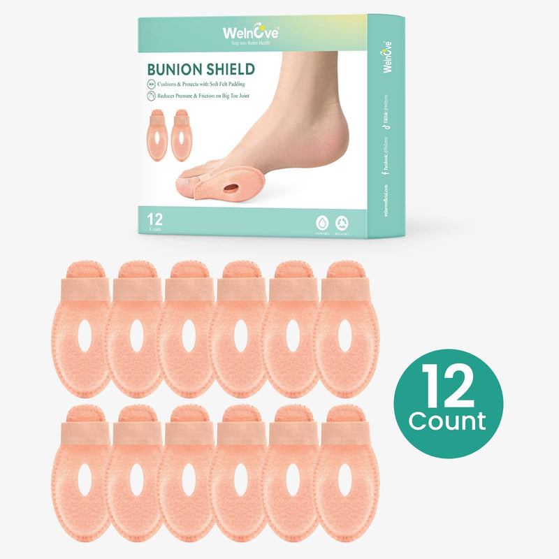 Welnove Bunion Cushion Protector, Bunion Shield Felt Protection Cushion for Foot Pain Relief, Calluses, Corns - Beige, Pack of 12