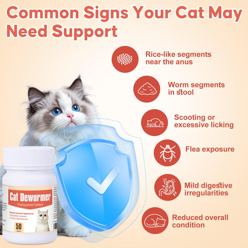 Broad Spectrum Cat and Kittens Dewormer for tapeworms, hookworms, roundworms. | 50 Tablets