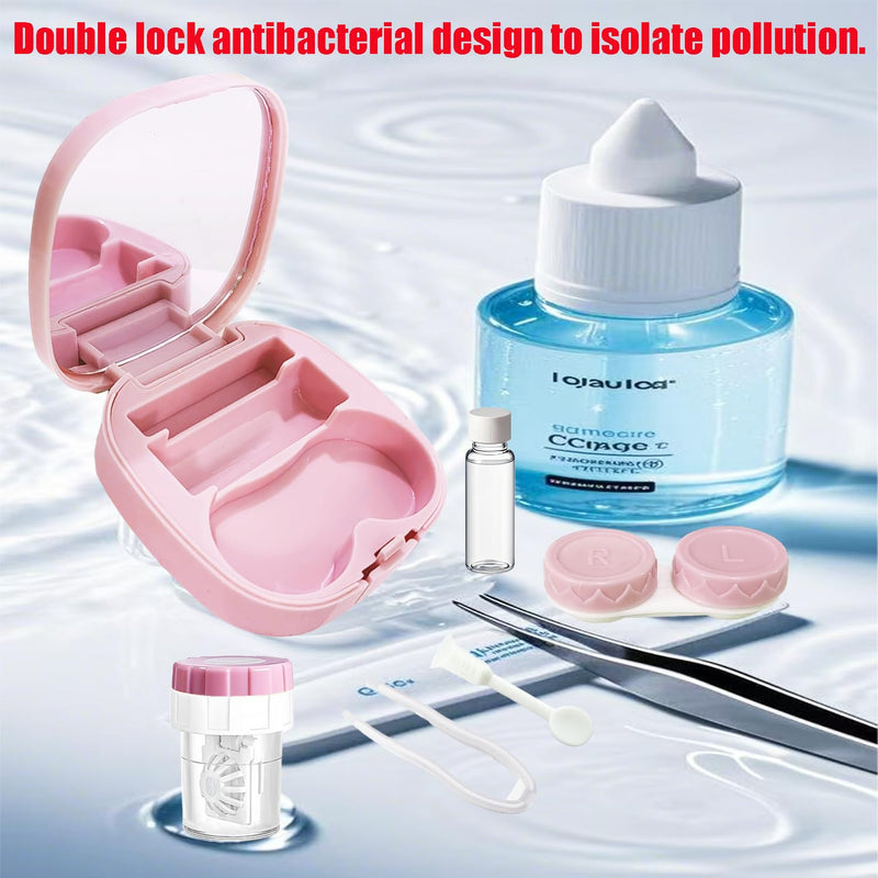 Contact Lens Case Kit with Cleaner Washer, Contact Lenses Applicator Removal Tool Kit with Mirror Solution Bottle for Daily and Outdoor Use(Pink) Pink