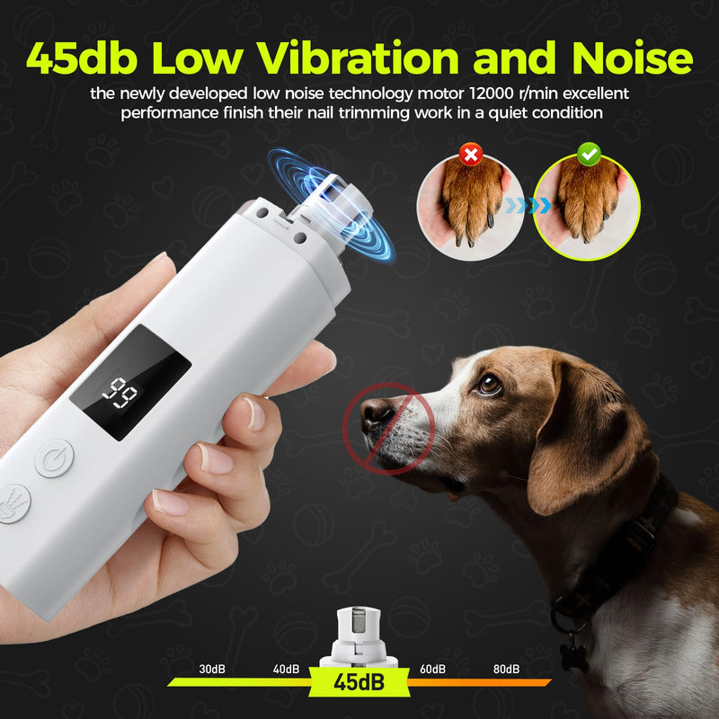 Dog Nail Grinder Quiet - 45db 4 Speed 4 Ports 12000 r/min USB Rechargeable Electric Professional Pet Dog Nail Trimmers with LED Lights for Large Medium Small Puppy Dogs/Cats - White - BeesActive Australia
