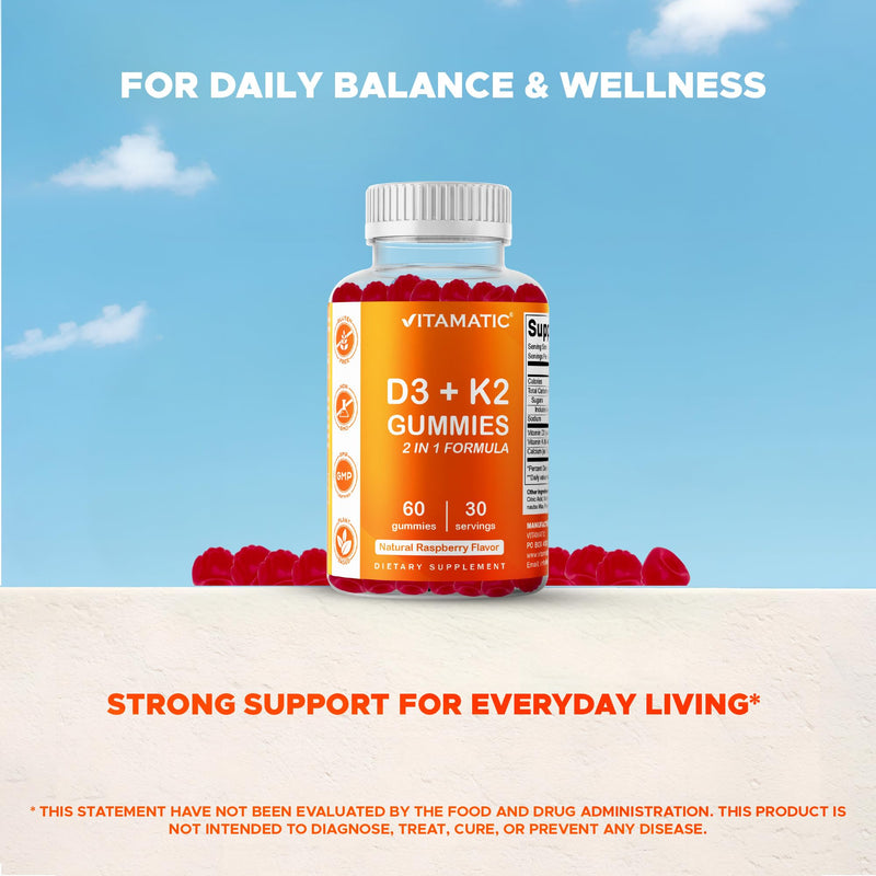 Vitamatic Vitamin D3 + K2 Gummies 60 Count | D-3 5000 IU + Vitamin K 140mcg for Bone Heart & Immune Support, Pectin-Based, Non-GMO, Gluten-Free 60 Count (Pack of 1)