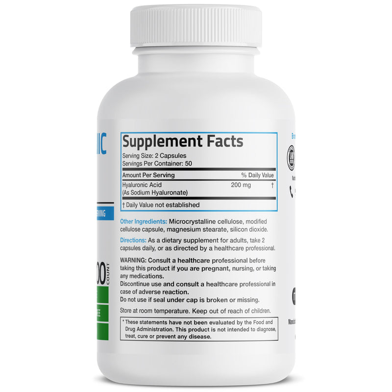 Bronson Hyaluronic Acid 200 mg as Sodium Hyaluronate, 100 Capsules | Joint Health & Skin Hydration Support, High Potency Formula, Vegetarian, Non-GMO, Gluten-Free & Soy-Free 100 Count (Pack of 1)
