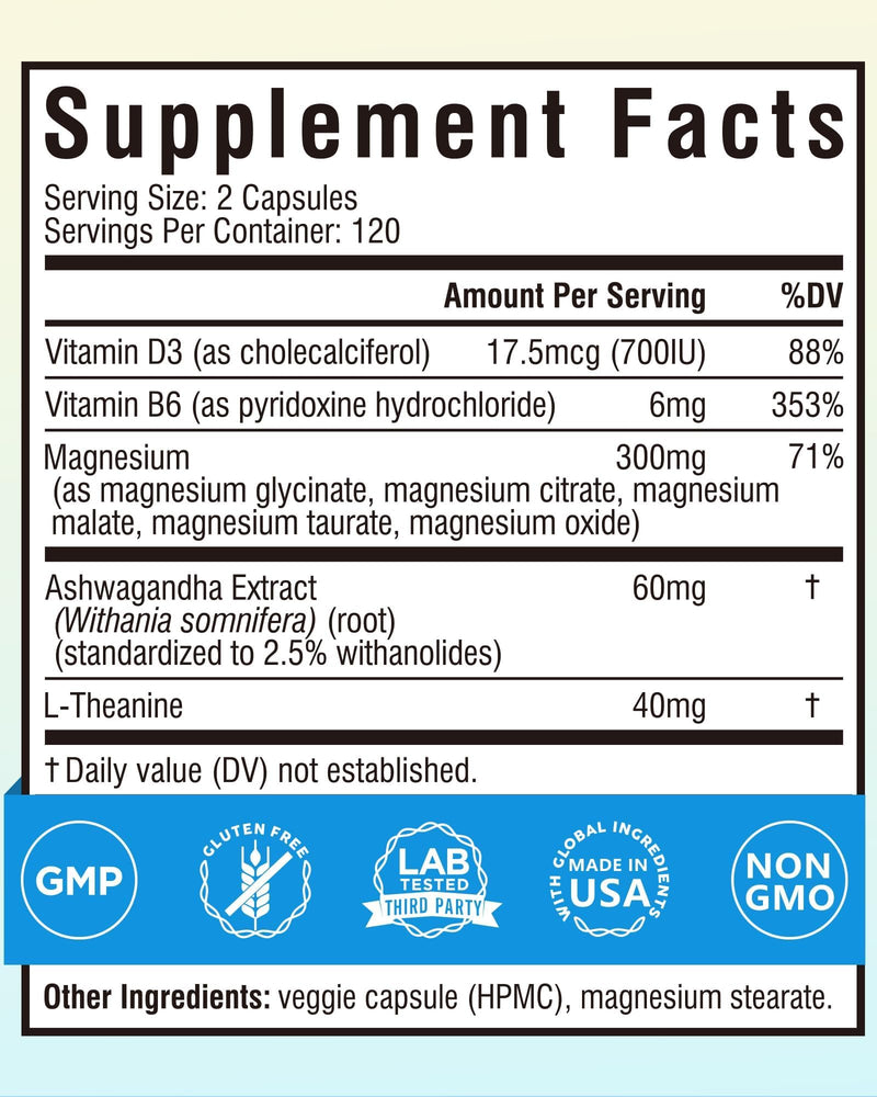 Terranics Magnesium Complex with Glycinate, Citrate, Taurate & Malate | Supports Nerve & Mood Health | Includes Ashwagandha, L-Theanine, Vitamin D3 & B6 | 240 Capsules | Non-GMO 240 Count (Pack of 1)