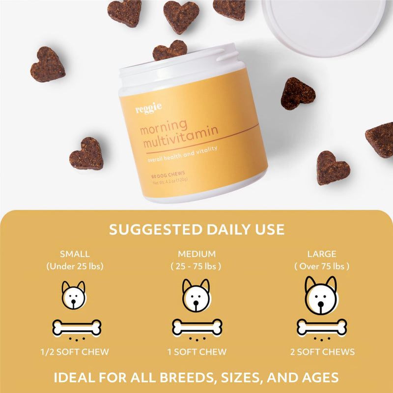 Reggie Morning Multivitamins for Dogs | Advanced Daily Immunity Booster for Heart, Joint, Skin, and Gut Health | Made in The USA, Vet-Approved, & Ideal for All Ages, Breeds, and Sizes - 60 Soft Chews - PawsPlanet Australia