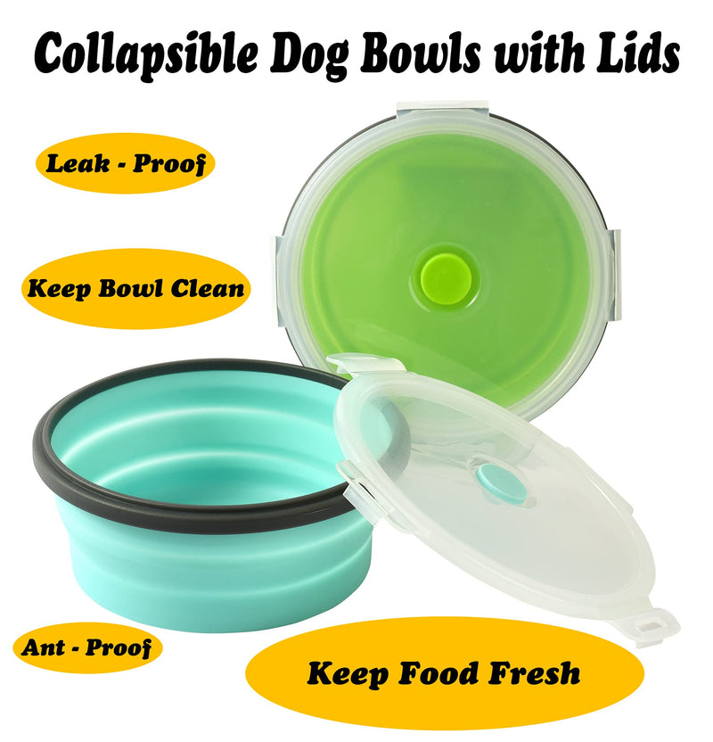 Collapsible Dog Bowls with Lids, 2 Pack Travel Dog Bowls for Small Size Dogs, Silicone Portable Dog Food Bowls Water Cup Cat Bowls Dish for Camping Traveling Walking, 12 oz 350ml S Blue / Green - BeesActive Australia