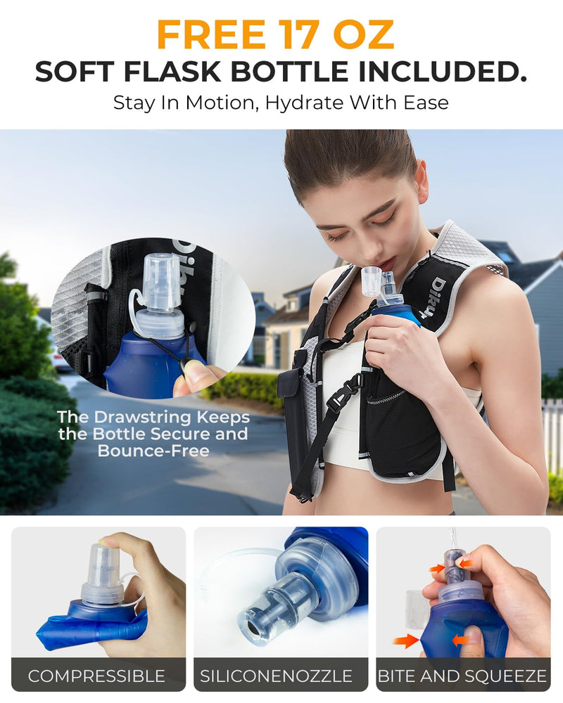 Running Vest for Women Men, Lightweight Hydration Runner Vest with Transparent Waterproof Phone Pocket, 17oz Soft Flask, Adjustable Chest Straps Reflective Backpack for Hiking Cycling Jogging Grey