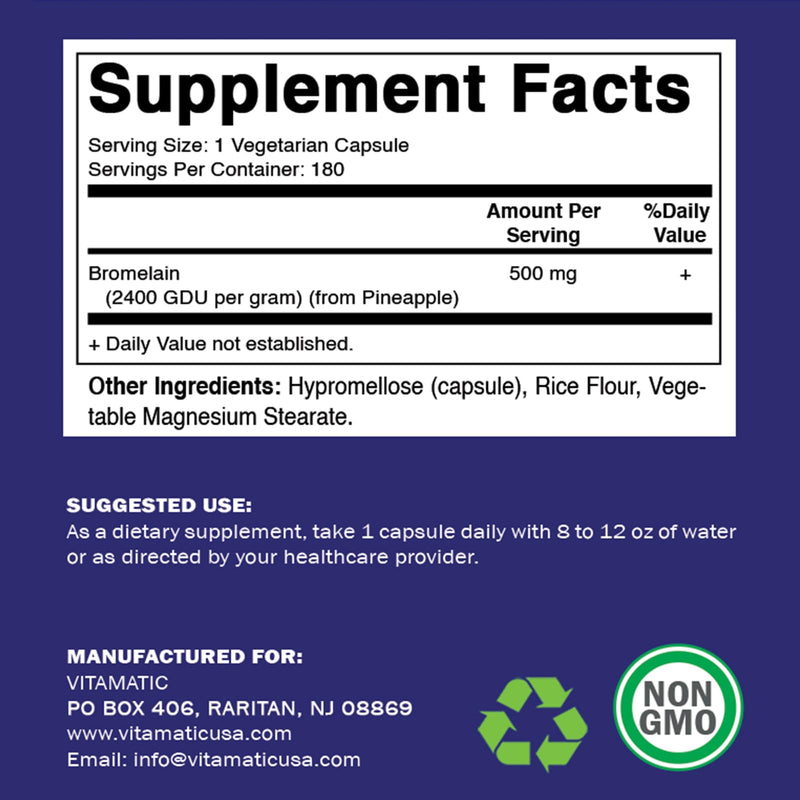 Vitamatic Bromelain Supplement 500mg, 2400 GDU/g, Proteolytic Enzymes, Supports Digestion of Proteins, 180 Count - BeesActive Australia