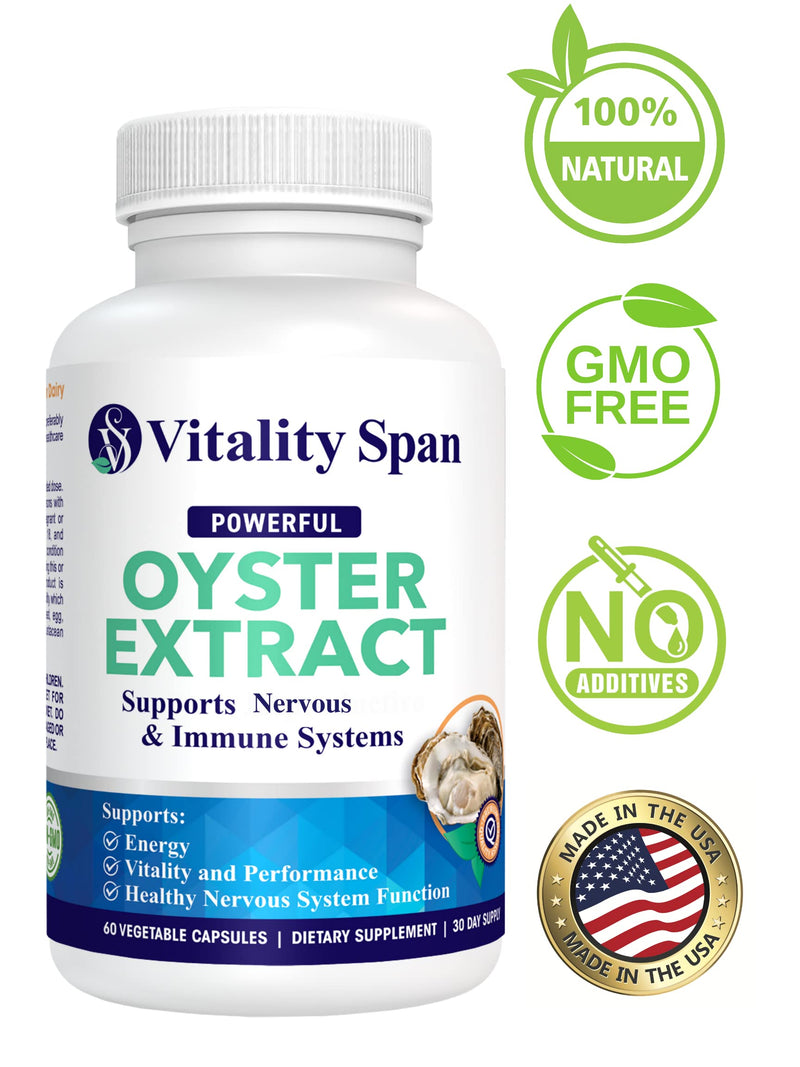 Oyster Extract - Pure, Highly Concentrated Supplement for Men & Women – Supports Energy & Immune Boost; Zinc, Taurine, Amino Acids, and Vitamins, 500 mg, 60 Veg Capsules, Made in USA