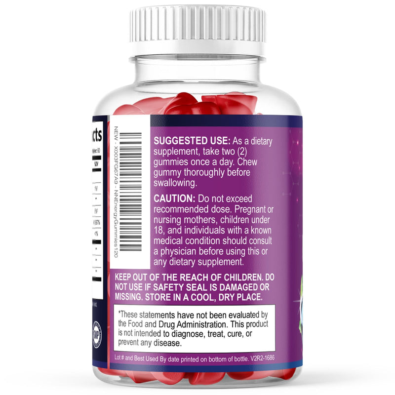 Energy Gummies - Vitamin B12 1000 mcg Per Serving - Daily Energy Chews with Natural Caffeine from Green Tea, Berry Flavored B12 Gummy Exercise Supplement for Running Cycling & Sports - 120 Gummies 120 Count (Pack of 1)