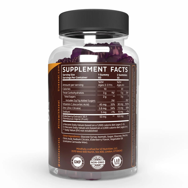 Zeal Naturals Elderberry Gummies for Adults and Kids, Sambucus Black Elderberry with Zinc and Vitamin C, Immune Support Gummies, 60 Count 1 Count (Pack of 1)