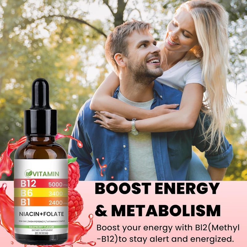 Vitamin B12 and B6 Liquid Drops, Raspberry | B12 Vitamin 5000mcg - B12 Methylcobalamin for Energy, Brain, and Heart Support with, 80 Servings