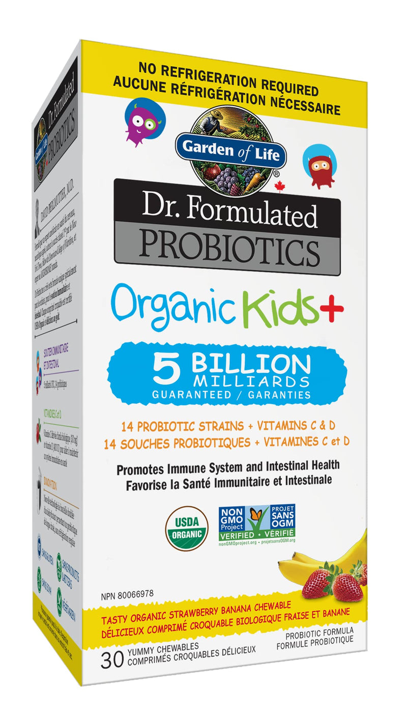 Garden of Life Dr. Formulated Probiotics Organic Kids+-Digestive Health Support-Prebiotic Fiber&Vitamins C&D-Supports Immune Function-Shelf Stable-Strawberry Banana,30 Yummy Chewables,(Pack of 2) 30 Count (Pack of 2)