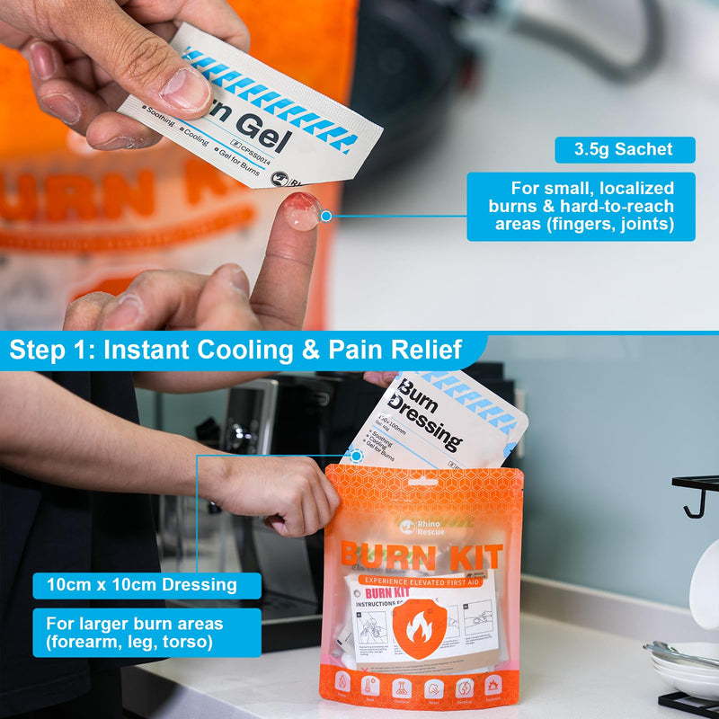 RHINO RESCUE Burn Kit, 4pcs Burn Dressings 4x4”, 8pcs Burn Gel Packets 3.5g, 4pcs Burn Pads, First Aid Kit Cooling Soothing Cream Relief with Bandage, Nitrile Gloves, Scissors, Tape - BeesActive Australia