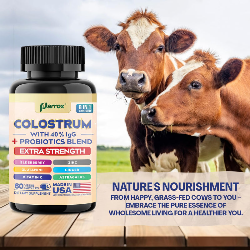 Colostrum Supplement Capsules, Grass Fed 40% IgG, 8-in-1, 180 Capsules | 8-in-1 Bovine Boost with Probiotics, Elderberry, Astragalus, Zinc, Ginger, Vitamin C & L-Glutamine 180 Count (Pack of 1)
