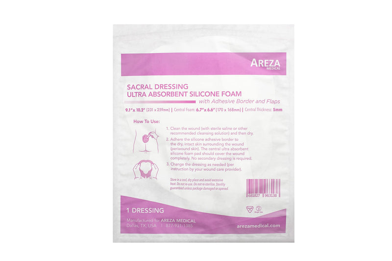 Areza Medical - Silicone Foam with Super-Absorbent Layer - Wound Dressing - Waterproof - with Adhesive Border - Sterile - Designed for Sacral Wounds - 9.1" x 10.2" - 10 PCS per Box 9.1" x 10.2", 10 PCS
