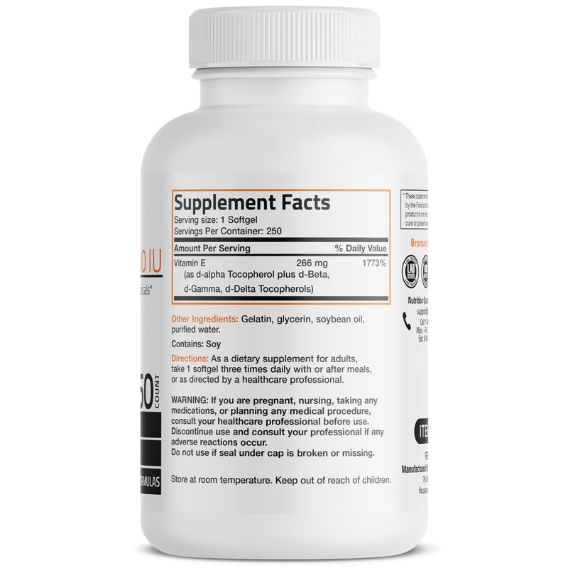 Bronson Natural Vitamin E Complex 400 I.U. Supplement (d-Alpha Tocopherol Plus d-Beta, d-Gamma, & d-Delta Tocopherols), Natural Antioxidant, 250 Softgels Unflavored 250 Count (Pack of 1) - BeesActive Australia