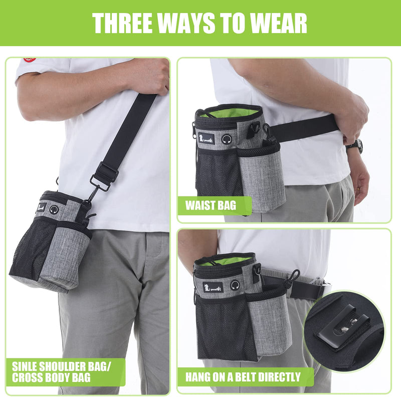 Pecute Dog Treat Pouch, Hands-Free Dog Training Bag with Shoulder Strap Waist Belt Metal Clip and Foldable Bowl, Built-in Poop Bag Dispenser, 3 Ways to Wear Suitable for Training Walking (Grey) Grey + Green Upgrade Large - BeesActive Australia