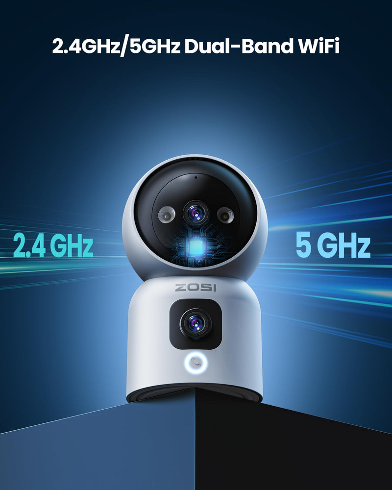 ZOSI indoor surveillance camera with dual lens 3MP+3MP, 2.4/5G WiFi, button/OK gesture call, AI person detection and tracking, color night vision, C528D white 3MP+3MP dual camera - BeesActive Australia
