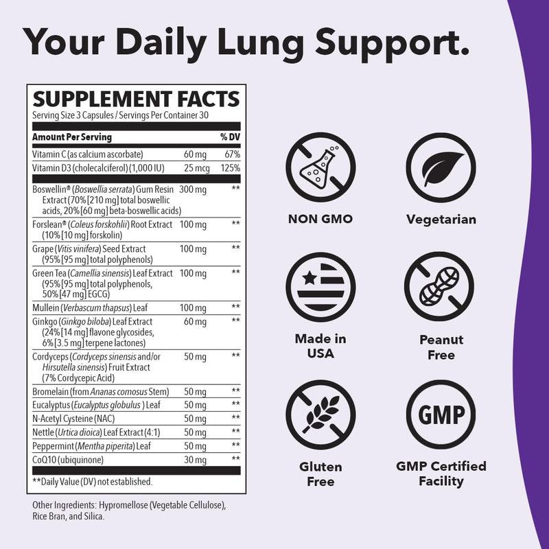 Lung Capaci-T - Respiratory Support Supplement - CoQ10, N-Acetyl Cysteine, Boswellia, Eucalyptus, Mullein, Green Tea & Nettle - Increases Oxygen Capacity & Reduces Mucus - 90 Capsules (Pack of 2) 90 Count (Pack of 2) - BeesActive Australia