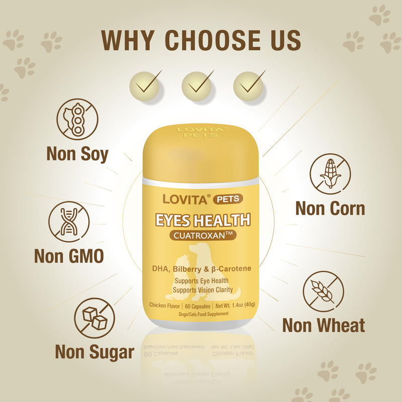 LOVITA Eyes Care for Pets - Supports Vision Clarity and Eye Health for Dogs & Cats - 60 Chicken-Flavored Capsules