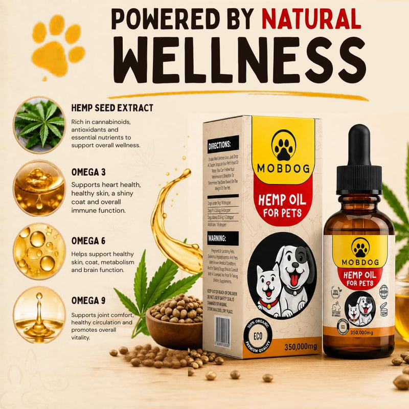 MOBDOG Hemp Oil for Dogs UK 350,000mg- Dog Calming Product with Omega 3, 6, 9 – Pure Bliss in Every Drop -Promoting comfort, Joint Health, & Digestion