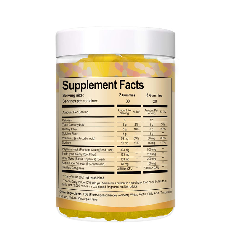 Totaria Probiotic Fiber Gummies, Pineapple Flavor | Fiber Supplement with Psyllium Husk, Bacillus Coagulans, Apple Cider Vinegar, Inulin, FOS, 60 Gummies 60 Count (Pack of 1)