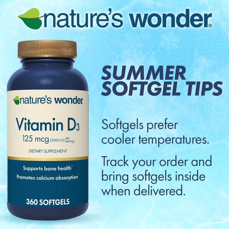 Nature's Wonder Vitamin D3 5000 IU High Potency, Gluten-Free, 360 Softgels | 125mcg, Daily Bone Health, Calcium Absorption & Immune System Support Supplement for Women & Men, Gluten-Free, 1 Year Supply 360 Count (Pack of 1)