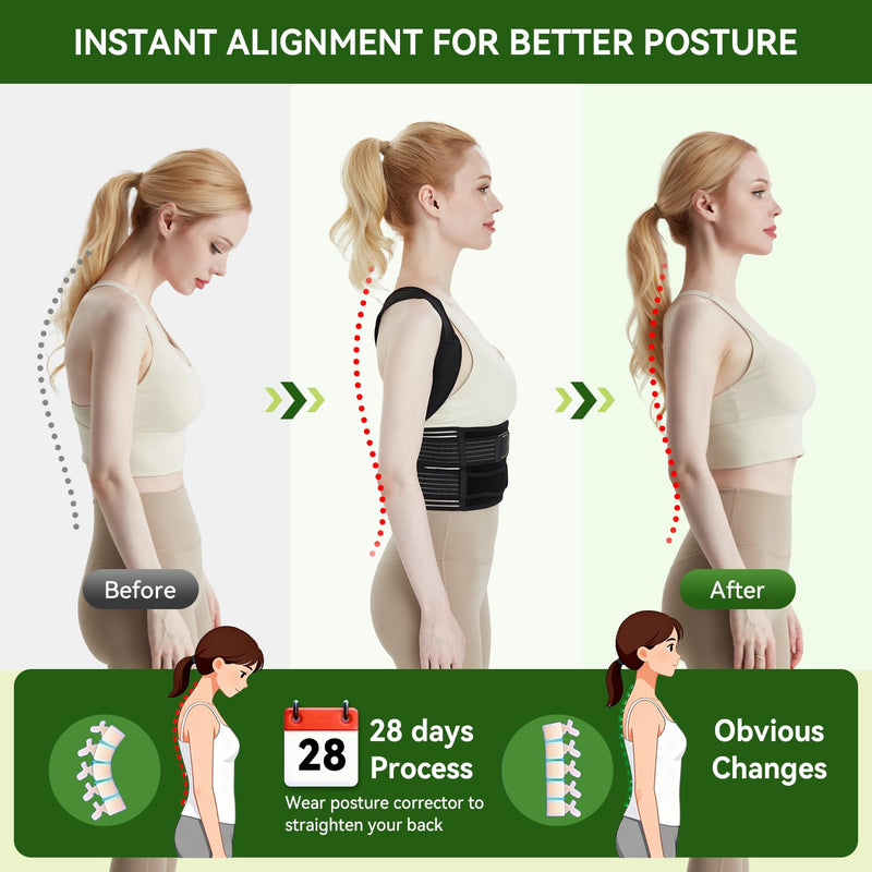 Posture Corrector for Women and Men, Invisible Full Back Support Brace with Enhanced Breathable Mesh, Shoulder Straightener for Back & Neck Pain Relief, Scoliosis & Posture Improvement, Medium Black M (Waist 30.70"-37.79")