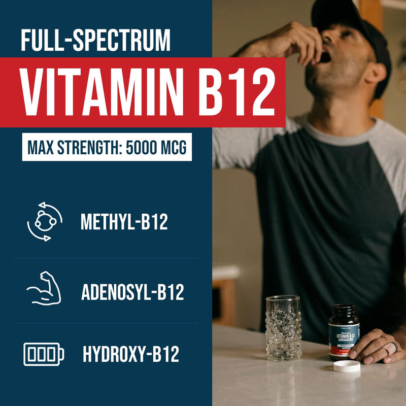 Triquetra Health Vitamin B12 5000mcg Complex, Methylated Methylcobalamin for Women & Men with Hydroxocobalamin, & Adenosylcobalamin, Supports Energy, Metabolism & Mood, Vegan, Non-GMO (60 Servings) 60 Count (Pack of 1)