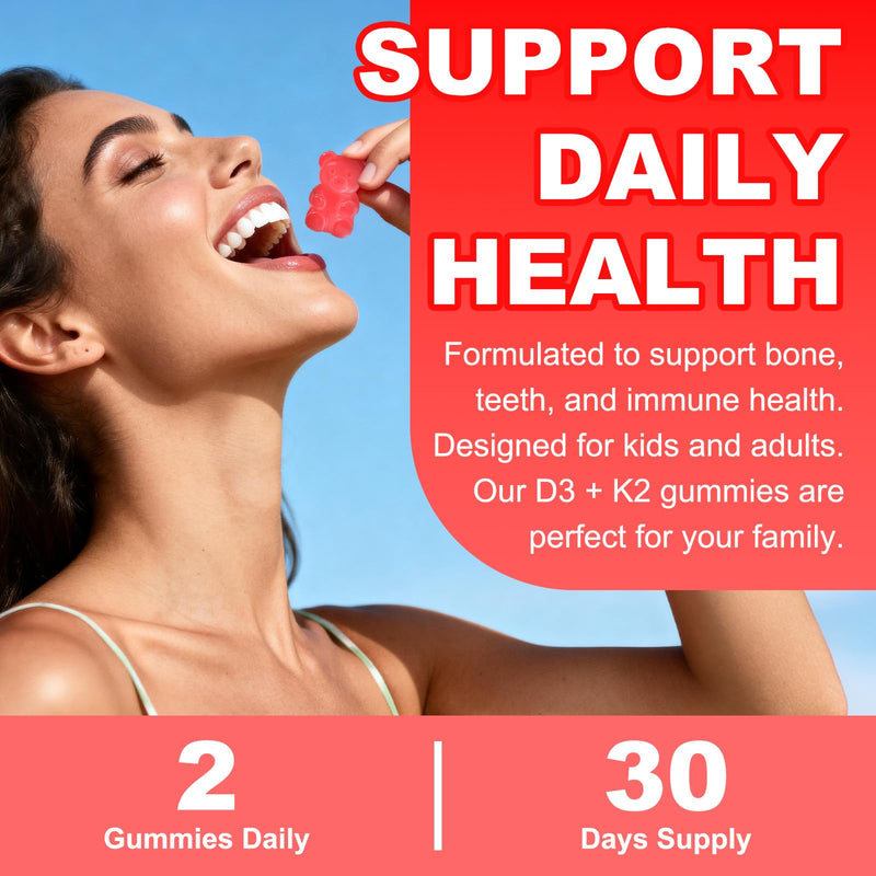 Sugar Free Vitamin D3 K2 Supplement Gummies for Women & Men | Vitamin D Gummies with 7 Essential Vitamins - Supports Bone, Muscle, Teeth & Immune - Vegan, Strawberry Flavor, 60 Count 60 Count (Pack of 1)