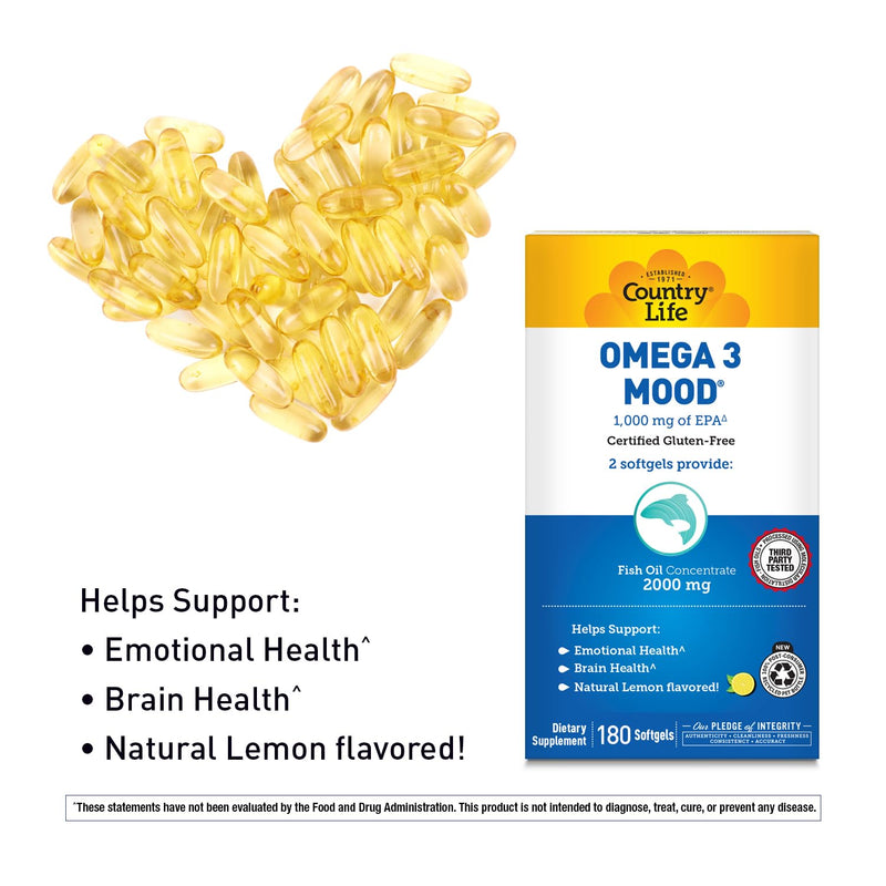 Country Life Omega 3 Mood Fish Oil, 1000 mg EPA per Serving, 180 Softgels | Supports emotional well-being and brain health with a pleasant natural lemon flavor 180 Count (Pack of 1)