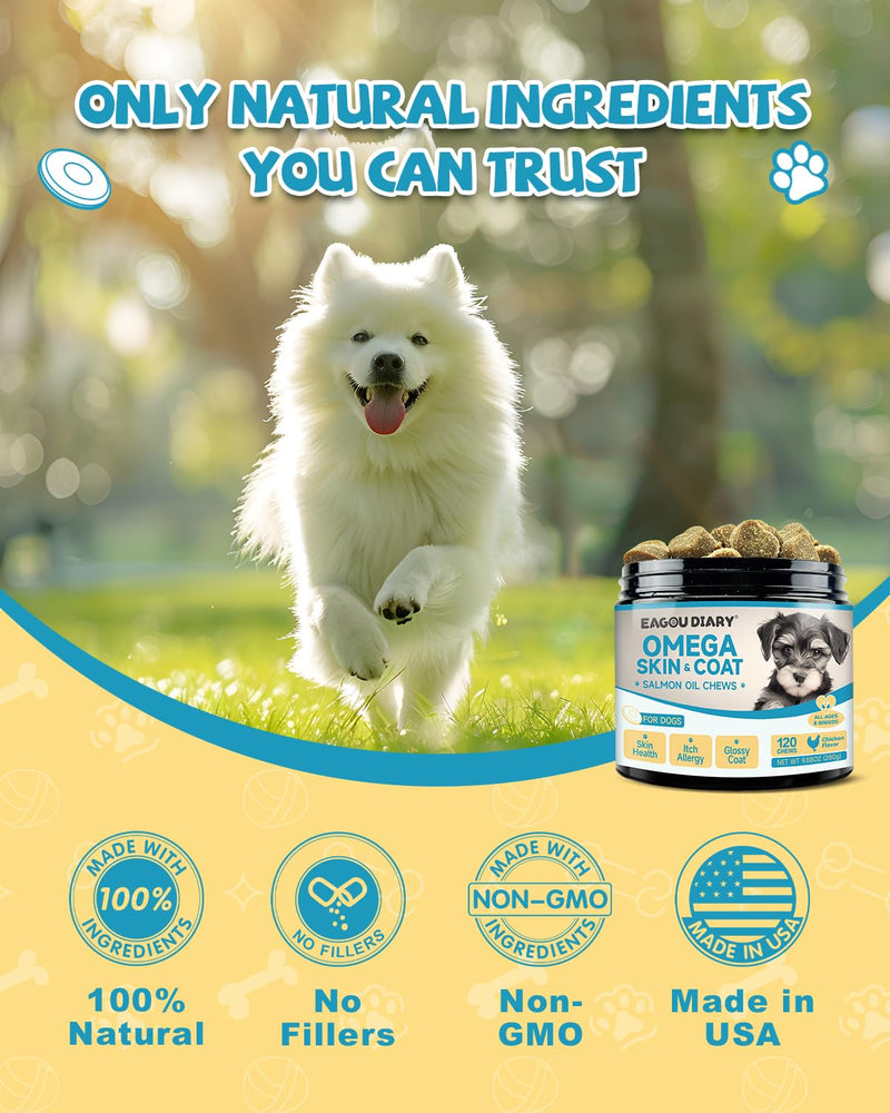 EagouDiary Salmon Oil Chews for Dogs,Omega 3 Skin & Coat Supplement for Dogs with EPA & DHA Fatty Acids,Angelica, Methionine,Vitamins,Minerals Dog Itchy Skin & Allergy Relief (120Ct) - BeesActive Australia
