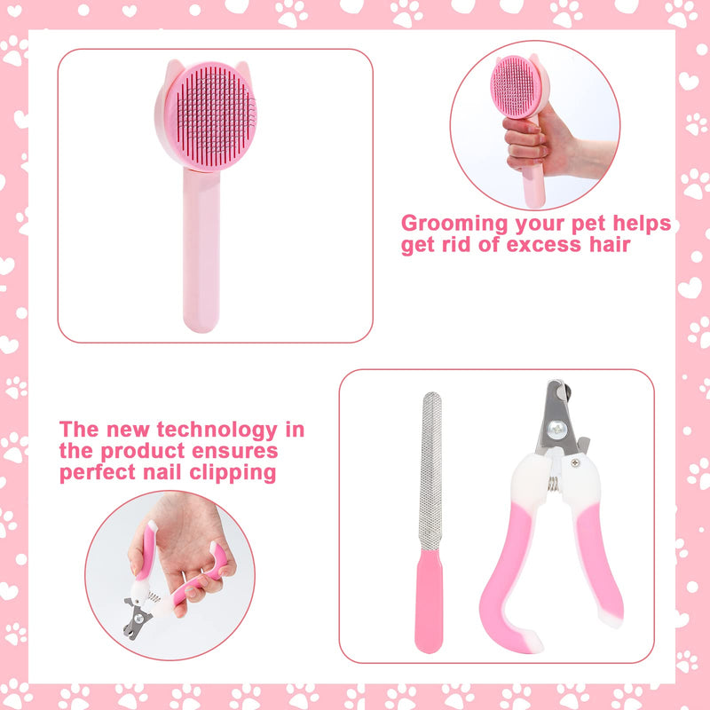 VCZONE 8 Pcs Cat Brush Grooming Kits, Pet Self Cleaning Kit with Pet Nail Clipper and File, Flea Comb, Pet Shampoo Bath Brush, Pet Shedding Brush, Silicone Toothbrush (Pink) Pink - BeesActive Australia