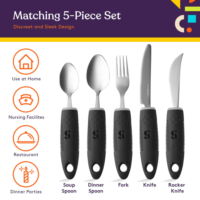 Special Supplies Adaptive Utensils (5-Piece Kitchen Set) Wide, Non-Weighted, Non-Slip Handles for Hand Tremors, Arthritis, Parkinson’s or Elderly Use (Black) Black - BeesActive Australia