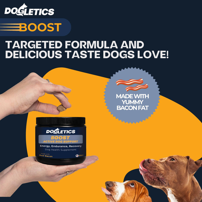 Boost Active Dog Support: Improve Energy, Endurance, Recovery & Longevity- 90ct USA Made with Real Bacon Boost