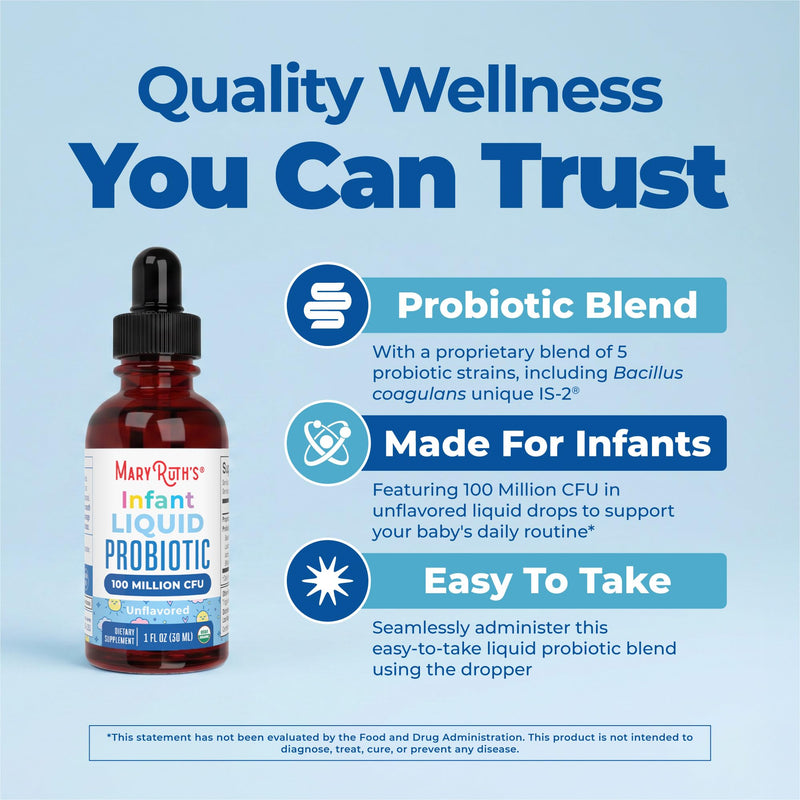 MARYRUTH'S Organic Infant Liquid Probiotic for Ages 6-12 Months, Vegan, 1oz | 100 Million CFU, 5 Probiotic Strains, Proprietary Probiotic Blend, USDA Organic, Vegan